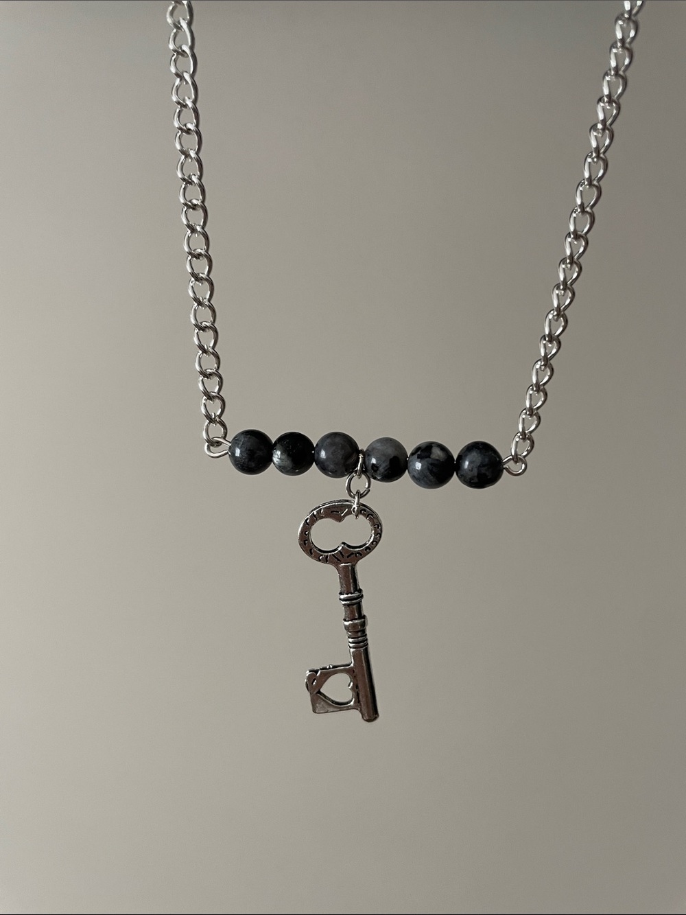 Larvikite black Labradorite round gemstone + key necklace